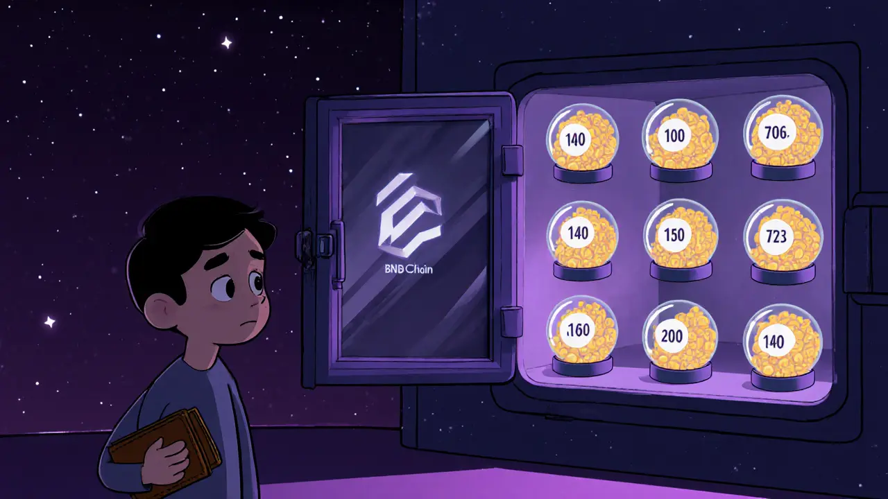 140 sealed NFTs in a cosmic vault, one outsider looking in with an empty wallet, symbolizing missed opportunity.