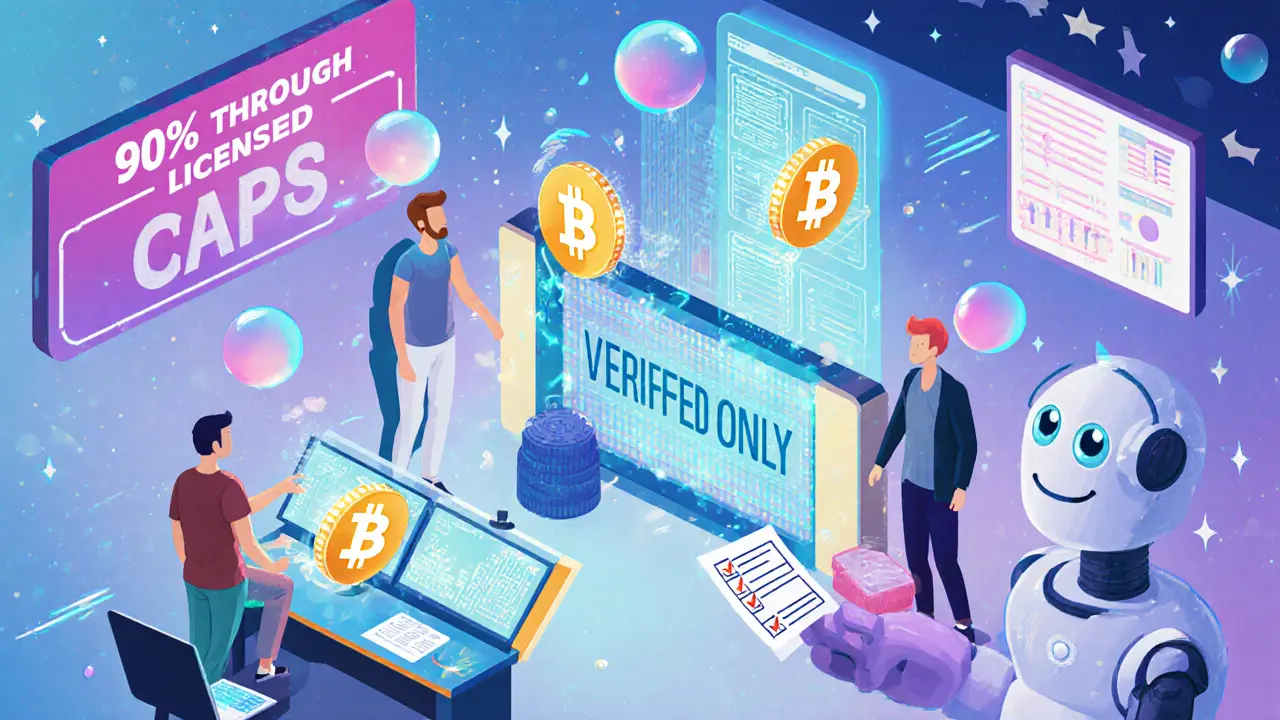 A 2027 fintech office where verified crypto transactions pass through a gate while unverified ones bounce away.