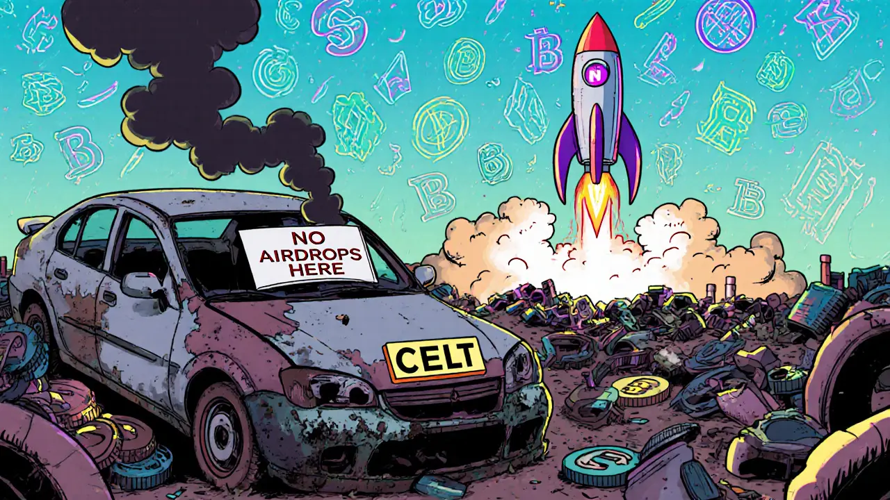 A broken-down CELT car sits in a crypto junkyard as Celestia rockets into the sky above.