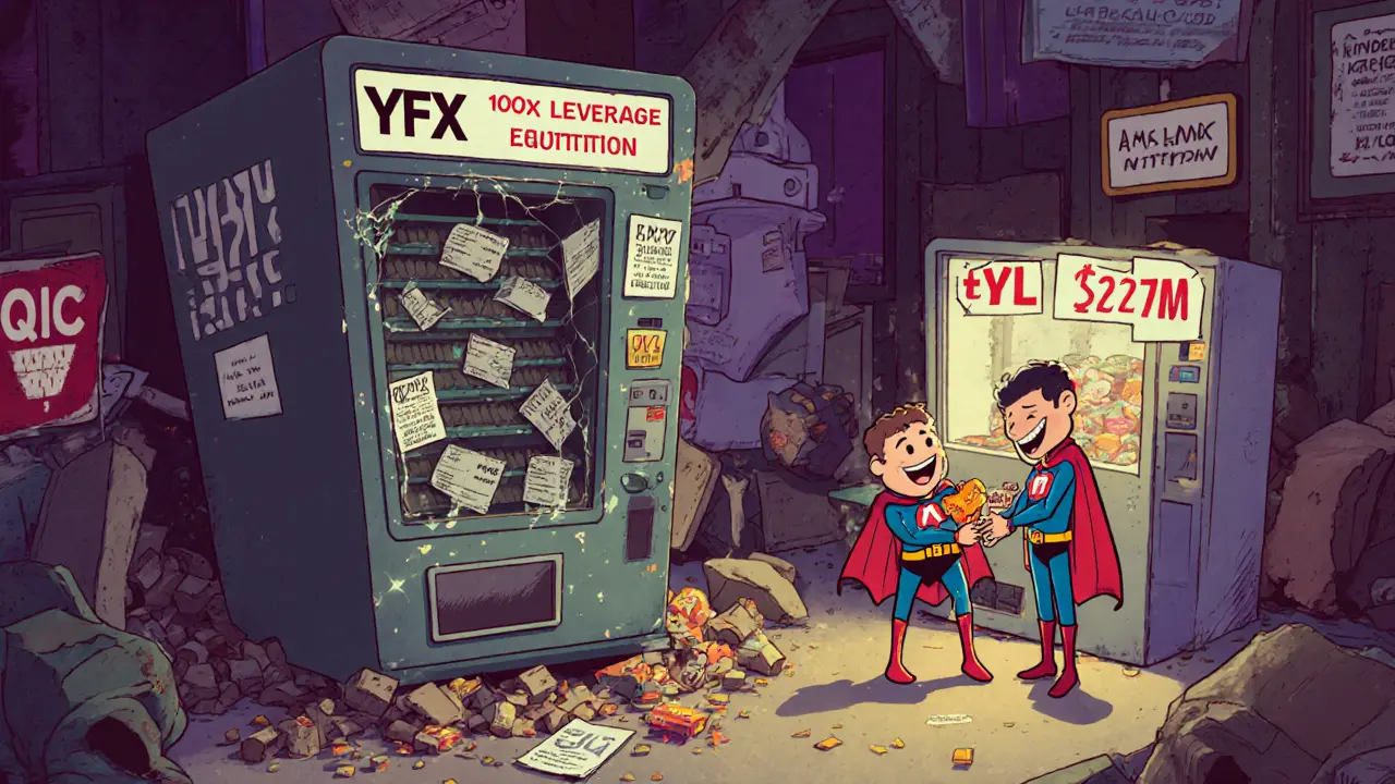 A broken YFX vending machine spits out empty wallets while dYdX and GMX machines work perfectly nearby.