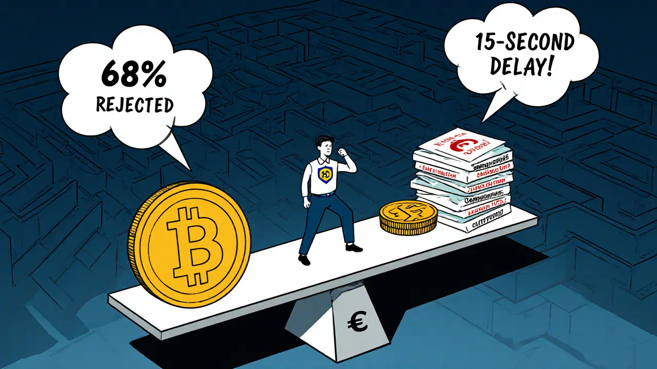 A cartoon scale balancing Bitcoin and euros, with paperwork forming a maze and regulatory labels floating above.
