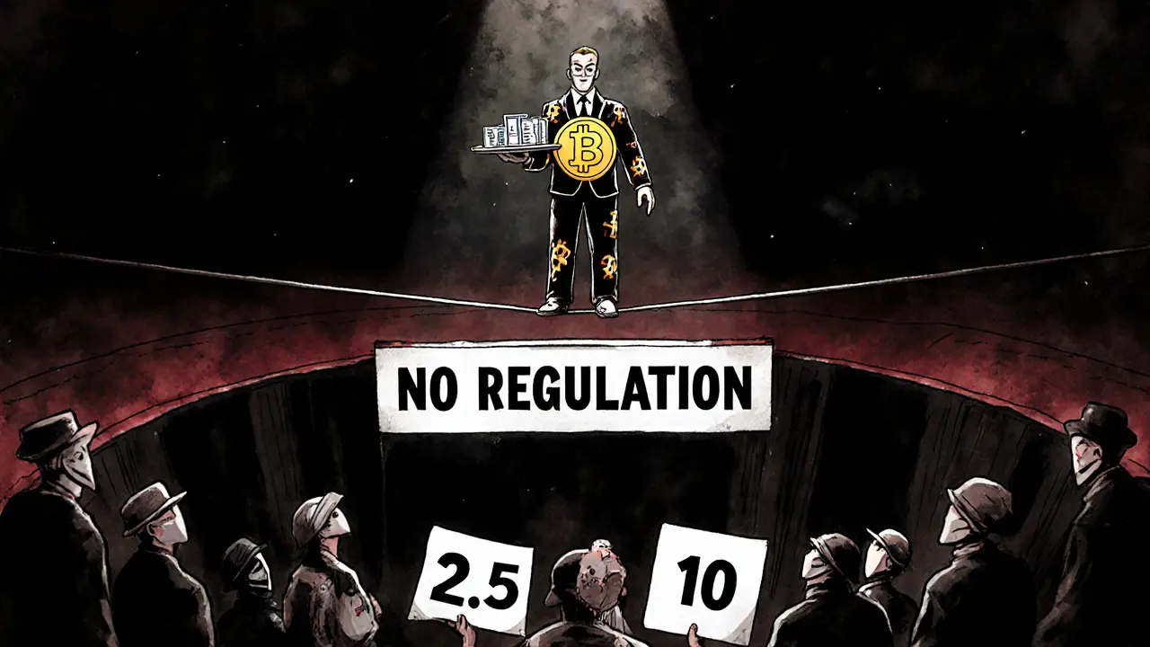 A circus acrobat walks a tightrope over a 'No Regulation' pit while a crowd holds up a low rating.