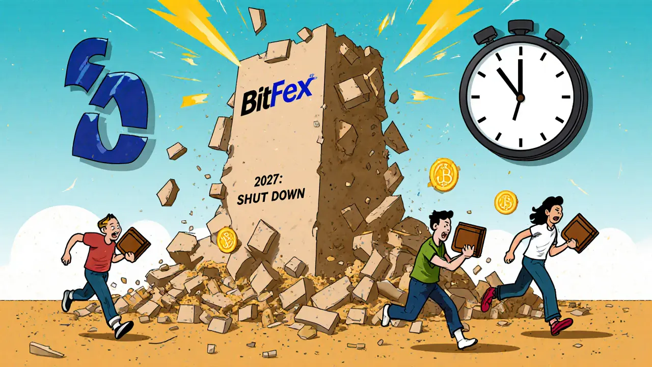 A collapsing BitFex tower with users fleeing as a shutdown clock ticks down in the sky.