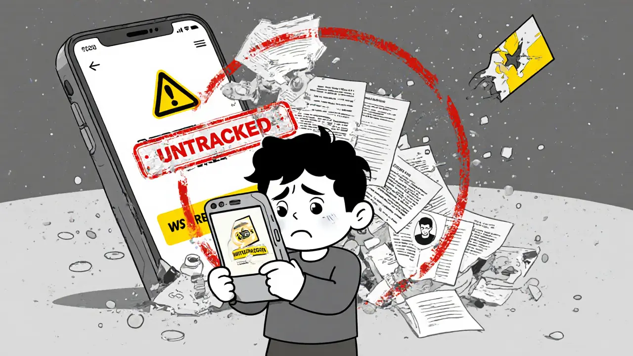 A confused user holding a fake app while fake trading data crumbles beneath a giant 'UNTRACKED' stamp.