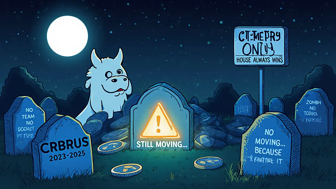 A crypto graveyard with tombstones for dead tokens, and a ghostly Cerberus peeking from behind a pile of unsold coins.