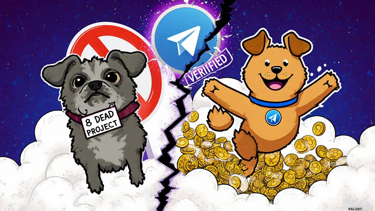 A faded 8-bit dog NFT next to a vibrant DOGS token dog flying through digital coins.