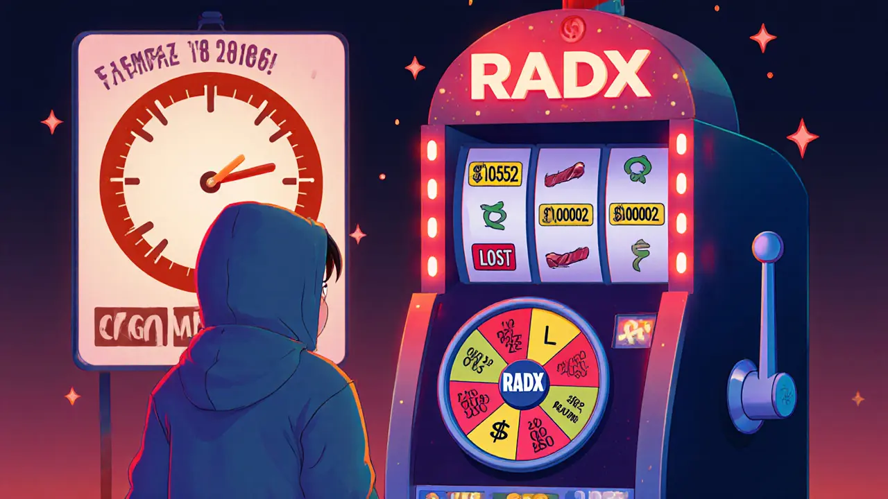 A gambler staring at a RADX slot machine with 'LOST' and warning signs.