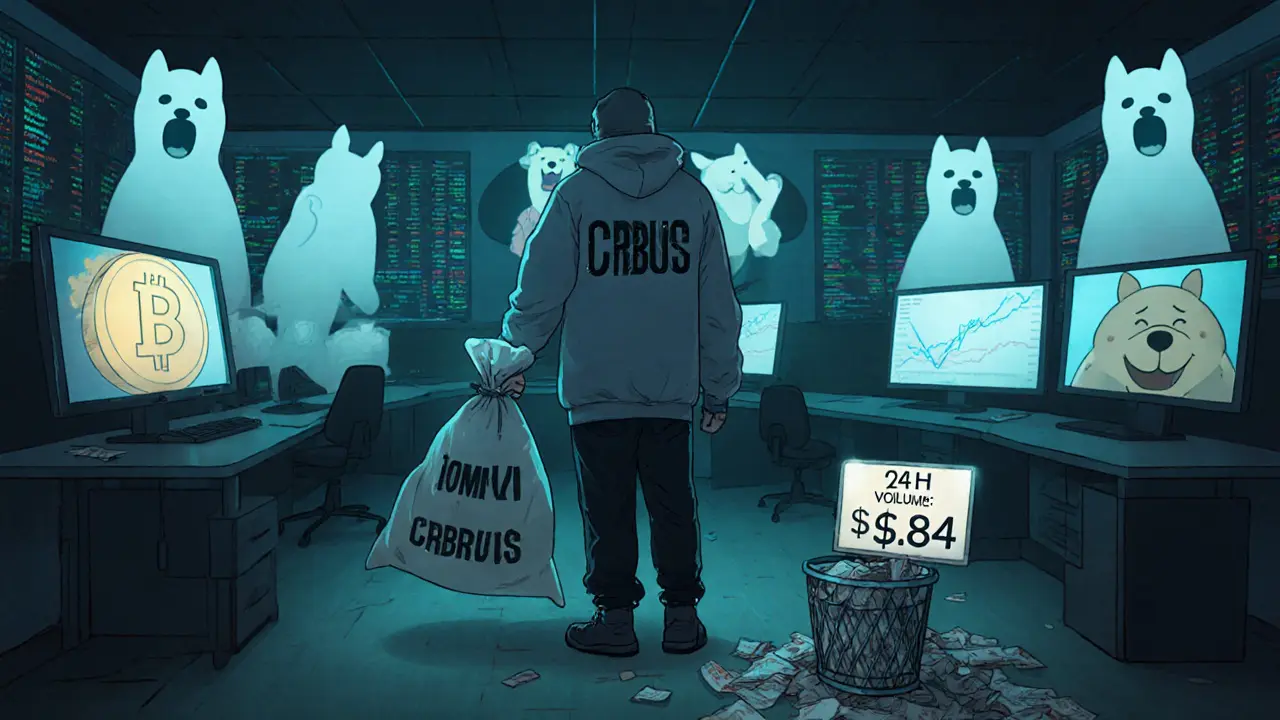 A lone trader in a hoodie surrounded by ghostly meme coins, holding a bag of worthless tokens in an empty trading room.