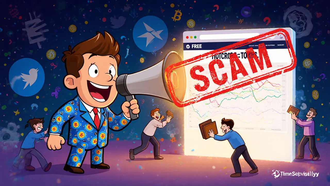 A scammer tricking users into a fake HOTCROSS airdrop website with a giant 'SCAM' stamp.