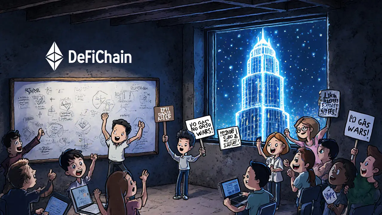 A small community of users in a workshop celebrating low fees and security, while a busy Ethereum skyscraper looms outside.