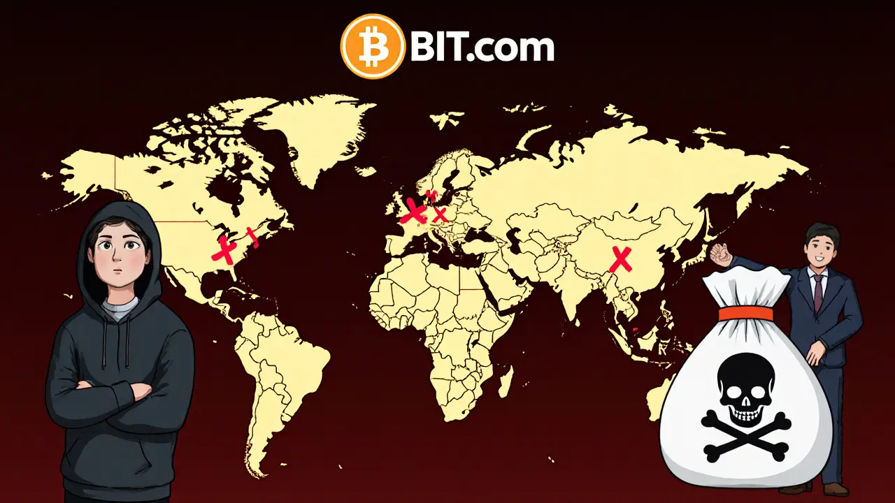 A trader points at blocked countries on a map while another celebrates with an insurance fund.