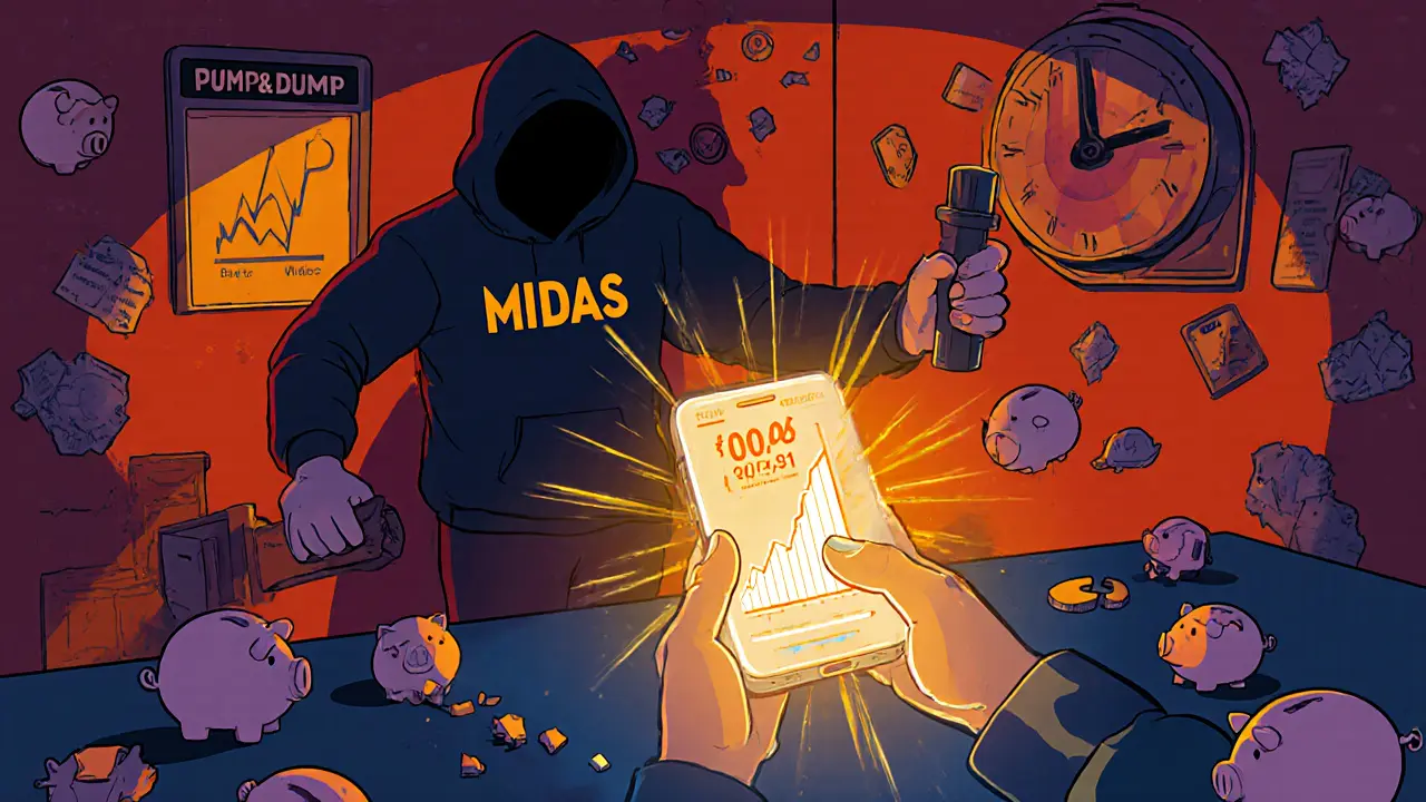 A trader staring at a skyrocketing MIDAS price on phone, shadowy 'Pump &amp; Dump' figure pulling a lever behind.
