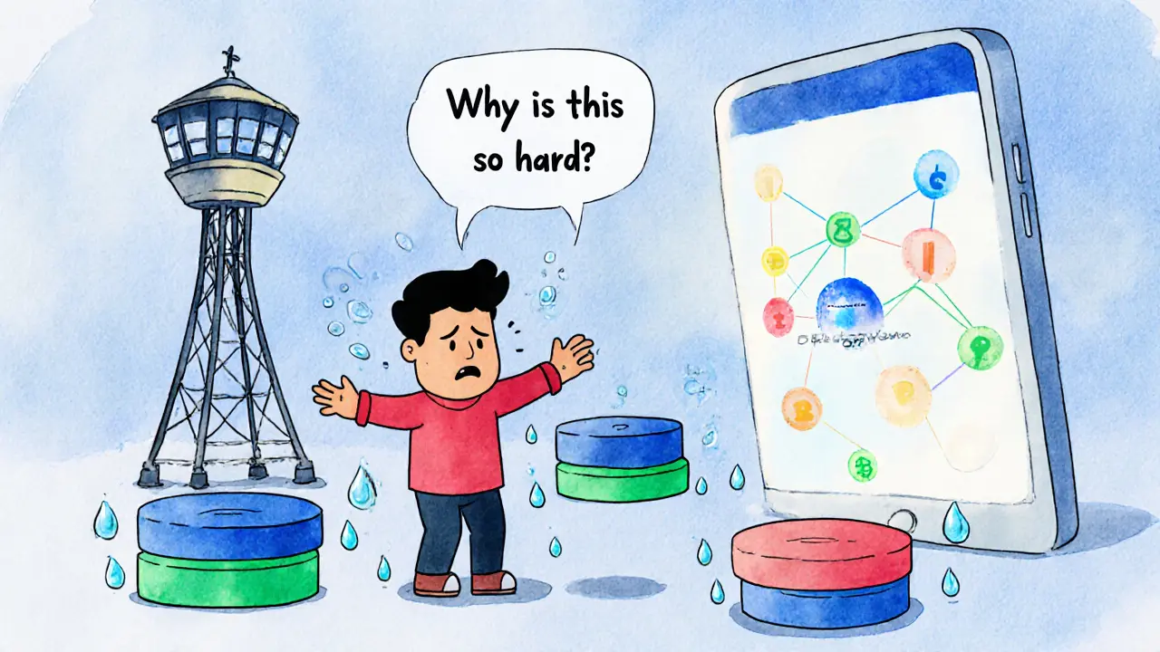 A user juggling channel balance bars while a watchtower robot monitors the blockchain, DeFi apps glowing uselessly in the background.