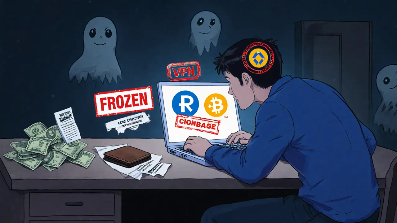 A user on a laptop using a VPN to access frozen crypto platforms, surrounded by warnings and rubles.