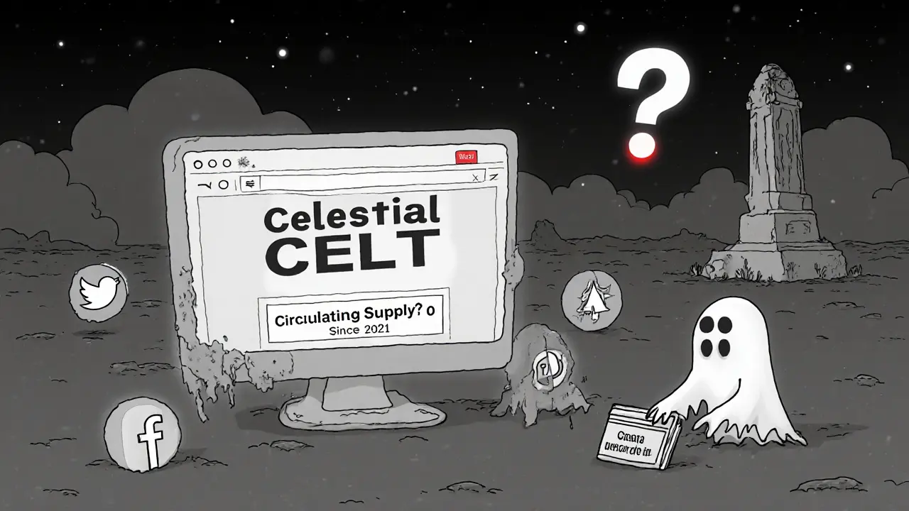 An abandoned CELT website is surrounded by empty social media icons in a desolate digital wasteland.
