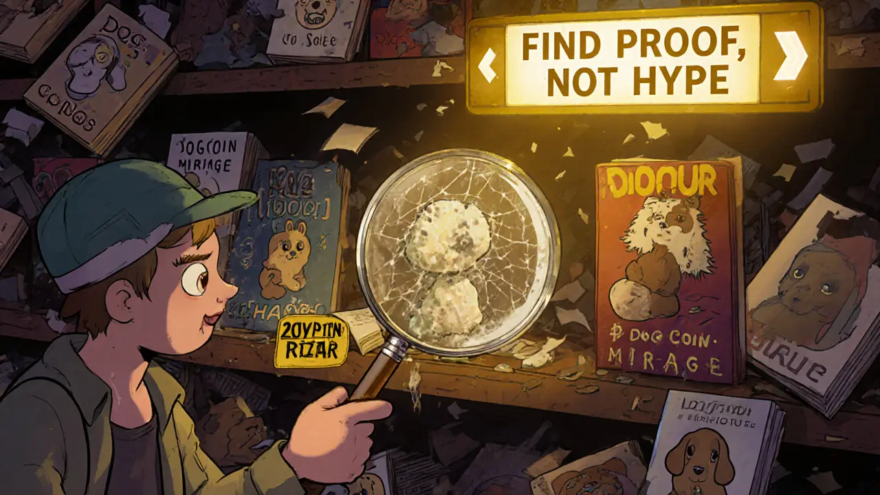 An adventurer examining a dusty DOGGY NFT in a collapsing library of crypto books.