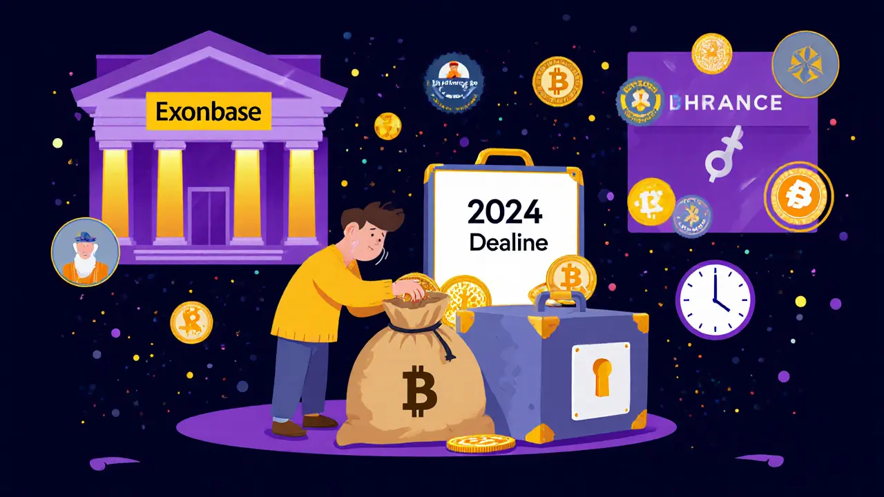 An investor puts crypto into a keyless suitcase labeled Exonium as trusted exchanges shine nearby.