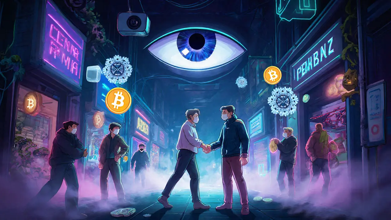 An underground P2P crypto trade in a shadowy alley, watched by a giant surveillance eye.