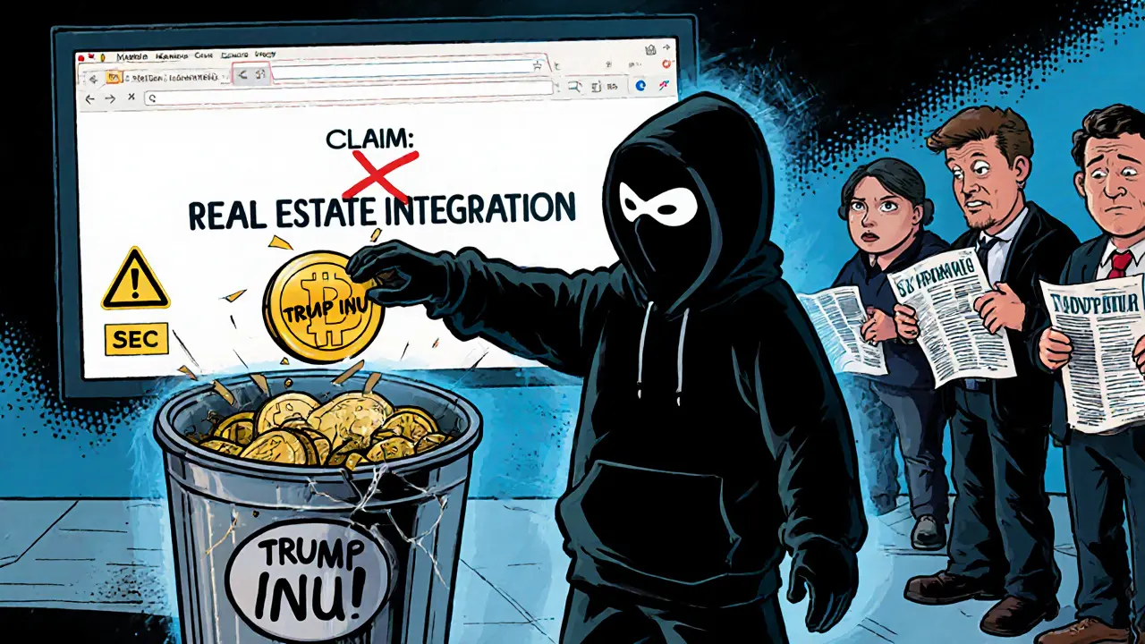 Anonymous figure throws TRUMP INU token into trash can as a broken website displays false real estate claims.