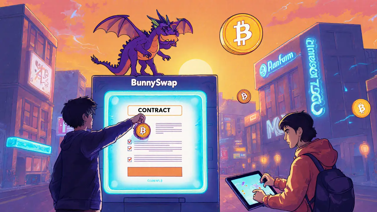 Artists and developers trading NFTs using BunnyPark platform tools in a vibrant digital marketplace.