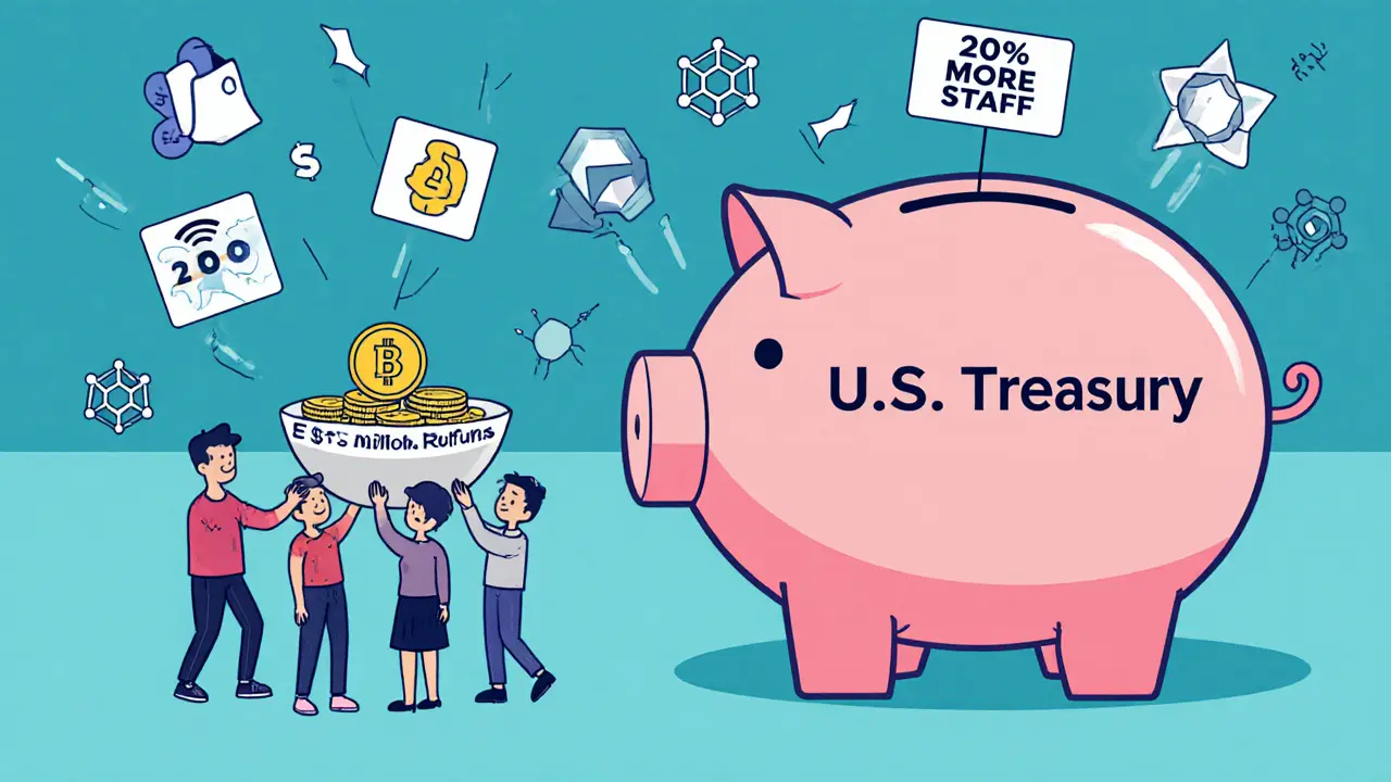 Big Treasury piggy bank fills with crypto fines while investors get tiny refunds below.