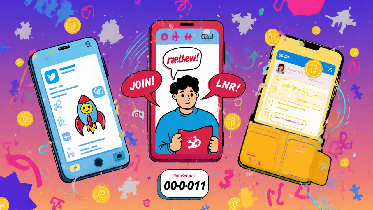 Cartoon character completing three steps to enter a crypto airdrop: retweeting, tagging friends, and submitting a BSC wallet.