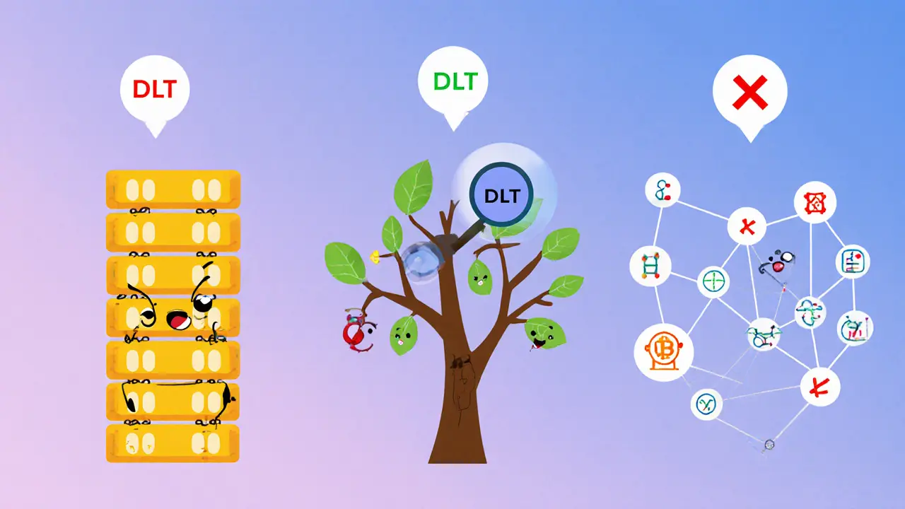 Cartoon comparing blockchain chain, data tree, and graph structure, with DLT highlighted and blockchain marked X.