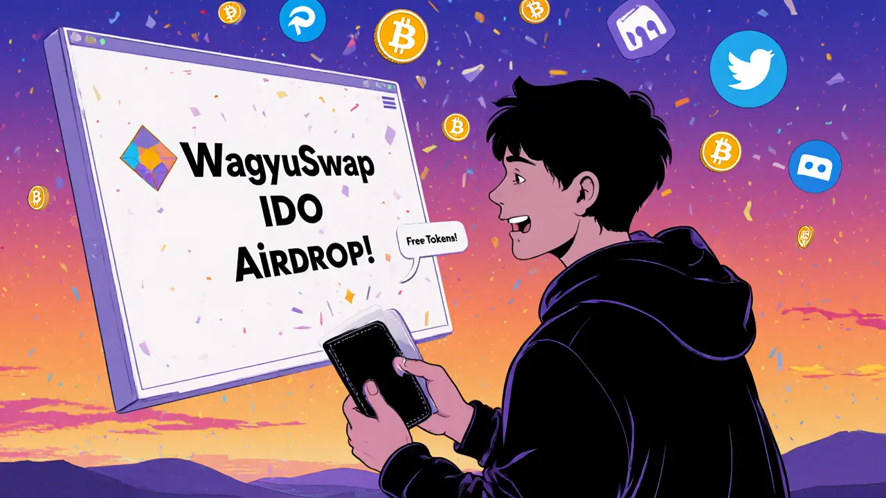 Cartoon crypto enthusiast connecting wallet as WAG tokens rain down from the sky.