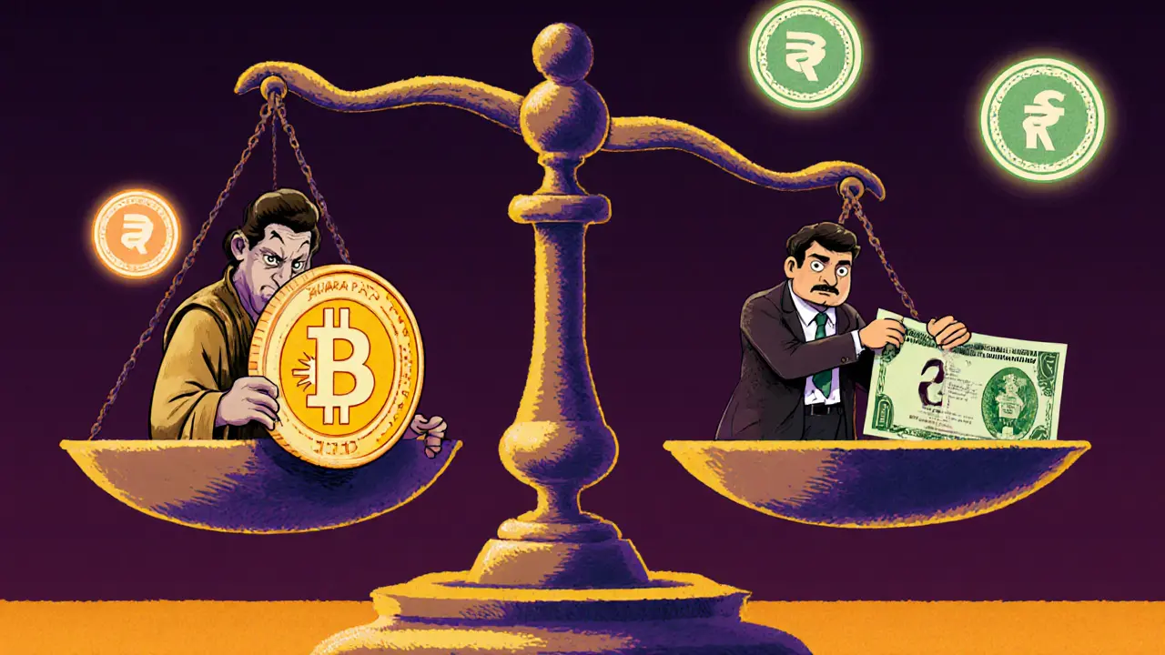 Cartoon scales balancing crypto coin and Pakistani rupee, with regulators on either side.