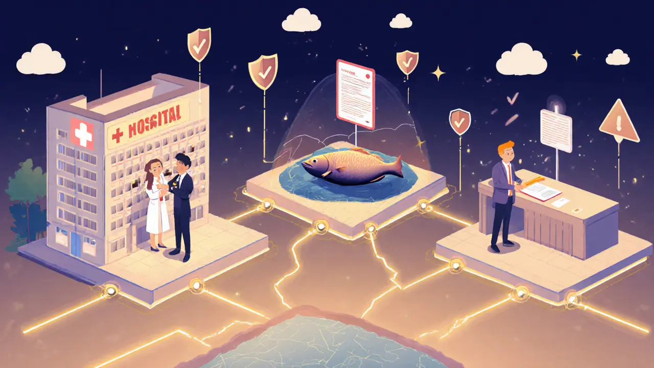 Cartoon showing hospital, shipping, and land registry using DLT pathways without crypto symbols, each with real-world applications.