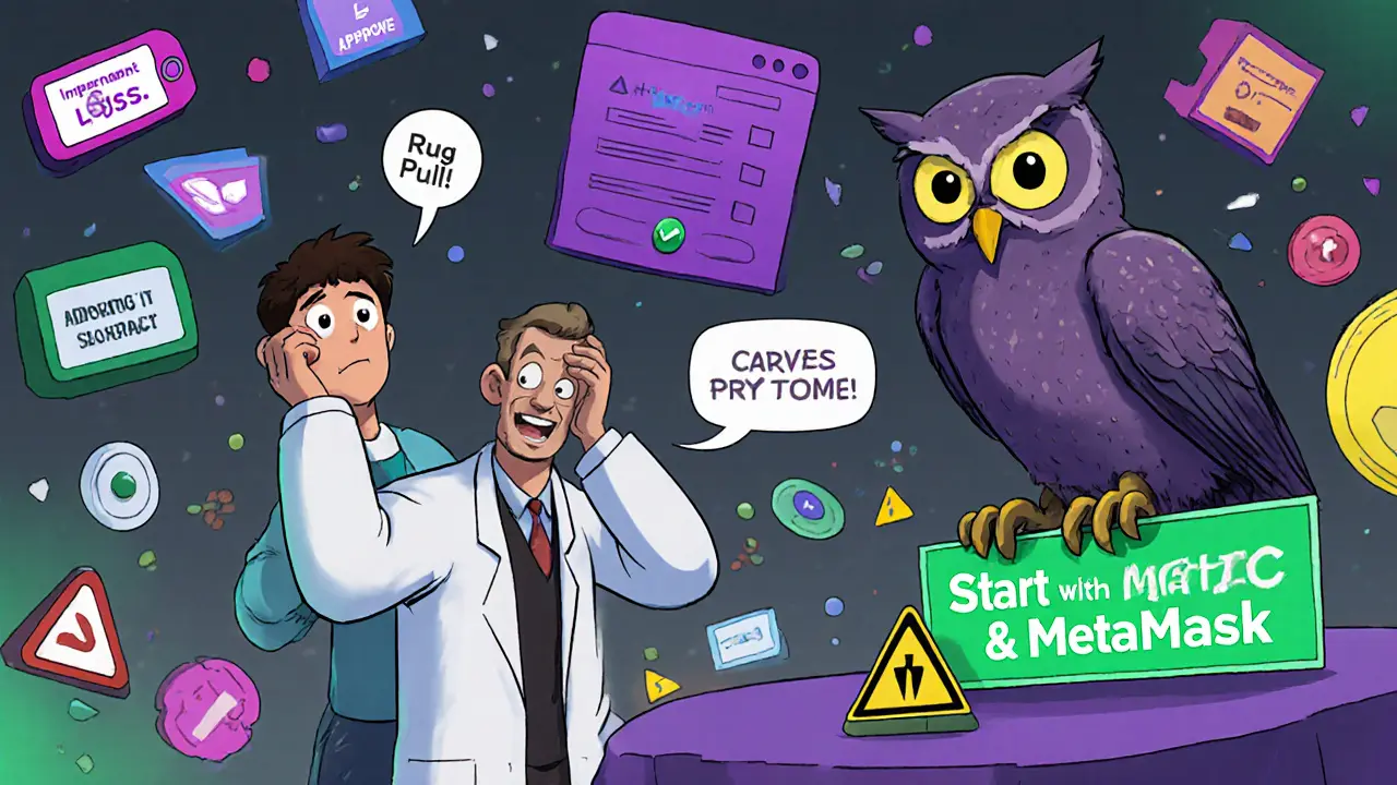 Confused new trader surrounded by DeFi warning signs, guided by an owl expert toward simple steps.