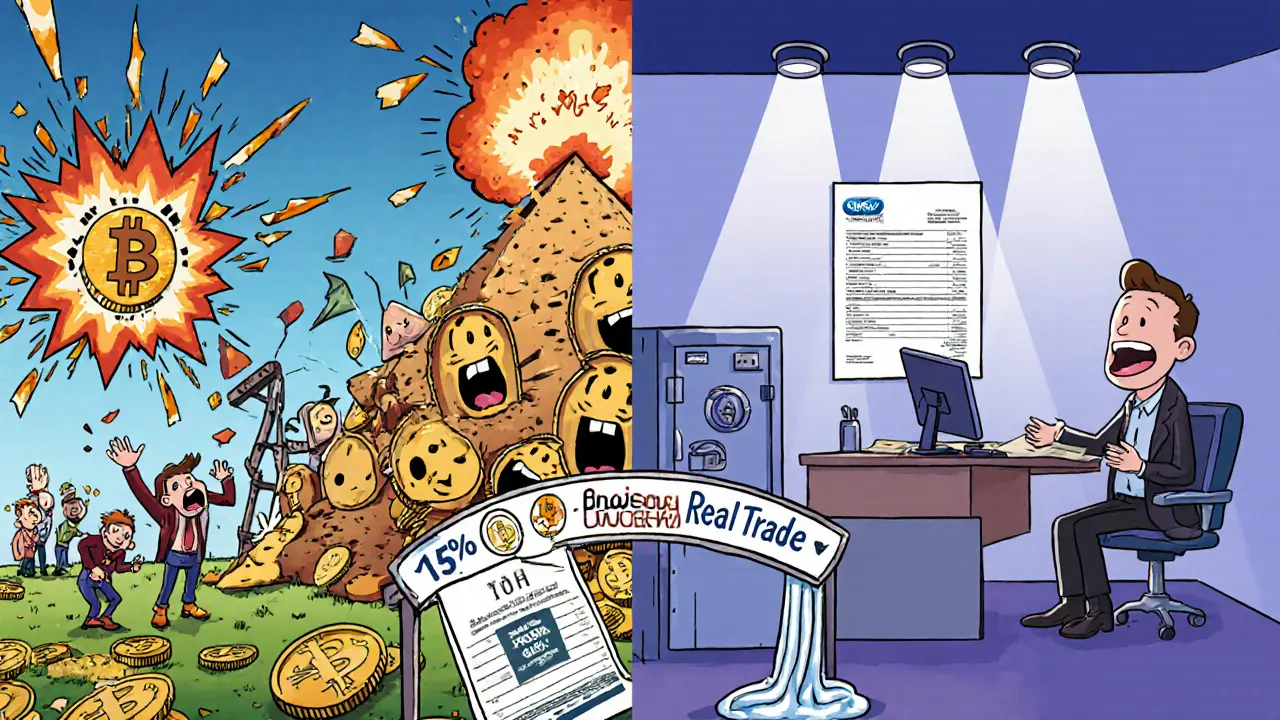 Contrasting cartoon scenes: chaotic DeFi farm vs. calm IncomRWA staking with stable yields.