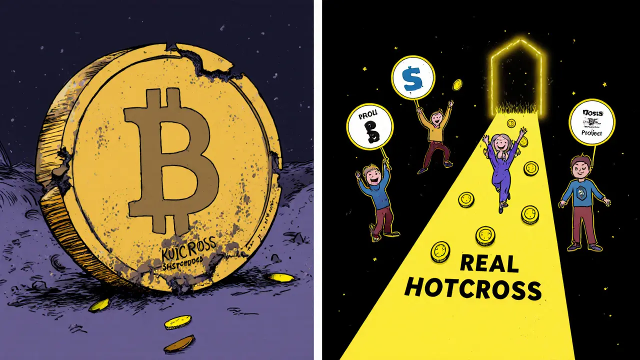Dead HOTCROSS token in a dark pit versus thriving real airdrops in a bright future scene.