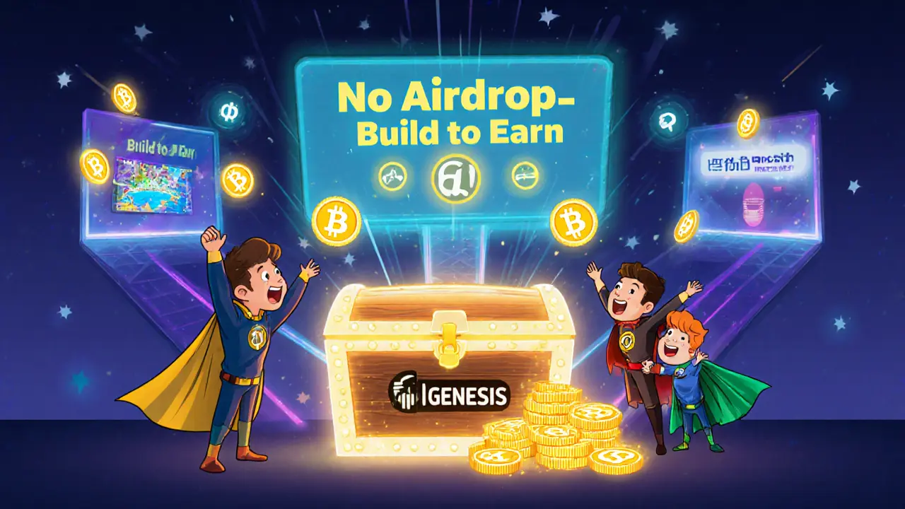 Developers receiving BP tokens from a closing Genesis Mining chest, with paths to games, liquidity, and incubation.