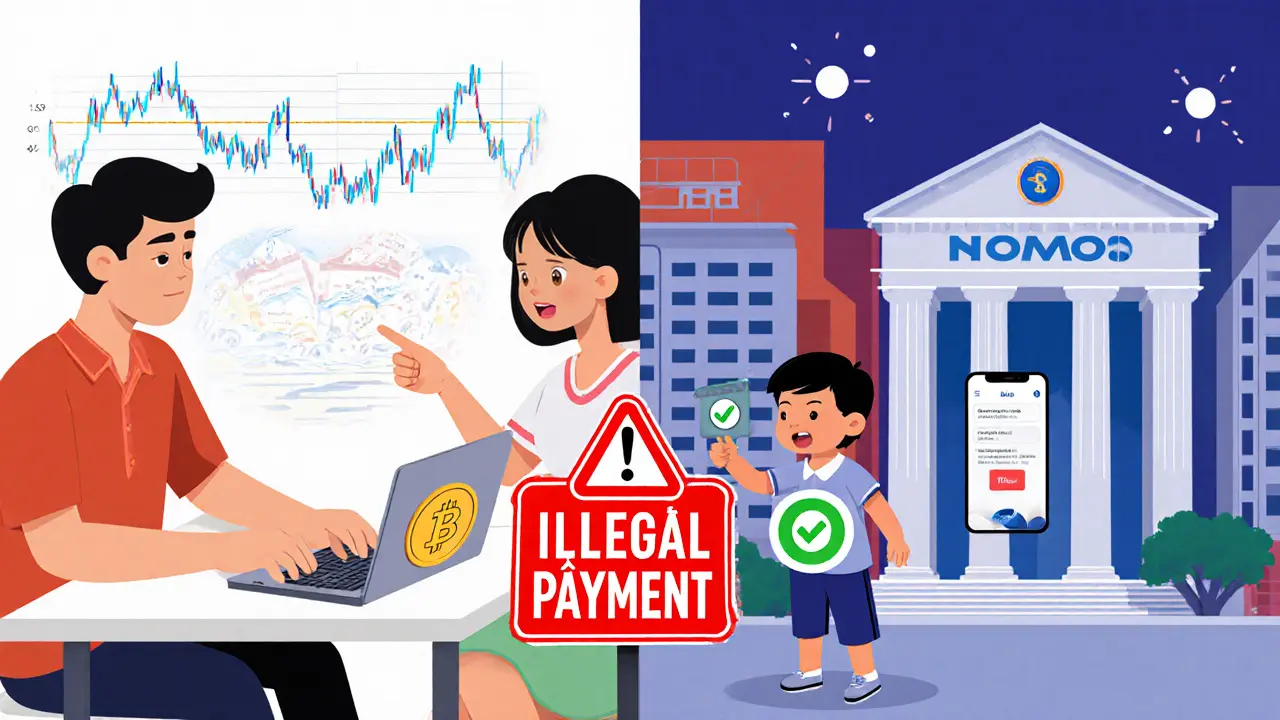 Family at dinner with Bitcoin payment warning and official e-wallets in contrasting scenes.