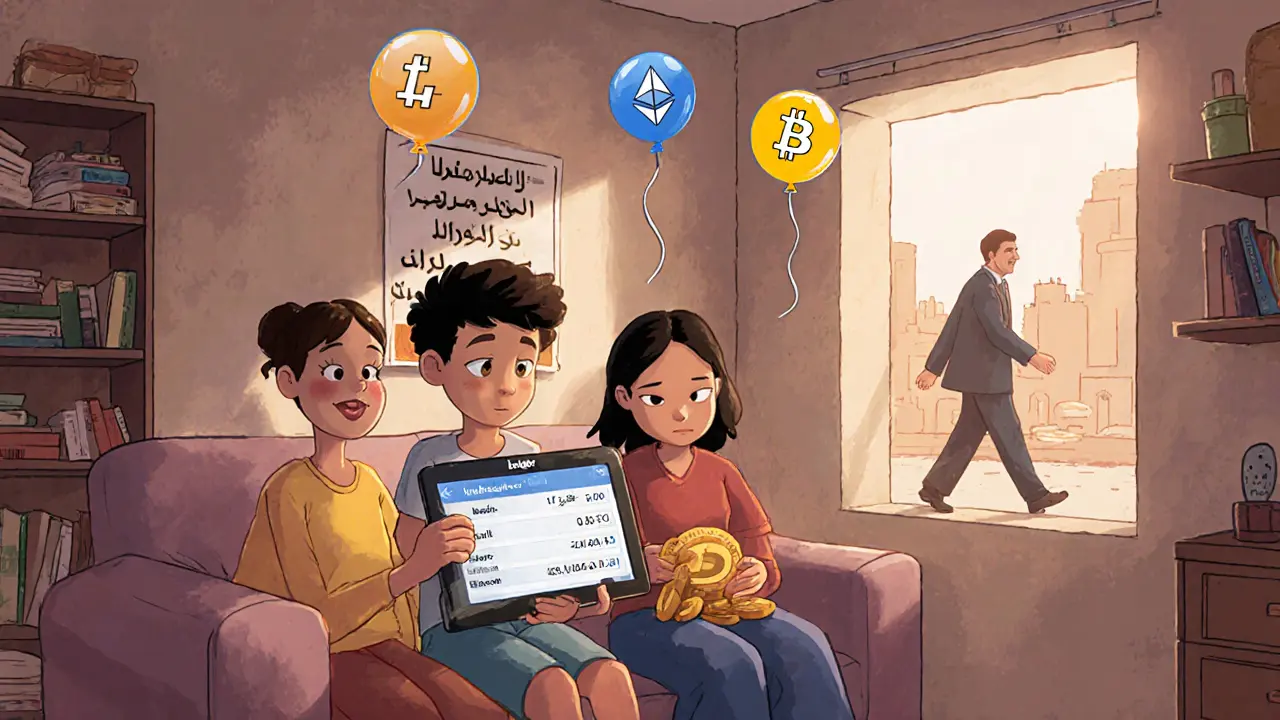 Family viewing Bitcoin on a hardware wallet at home, digital gold poster on the wall.