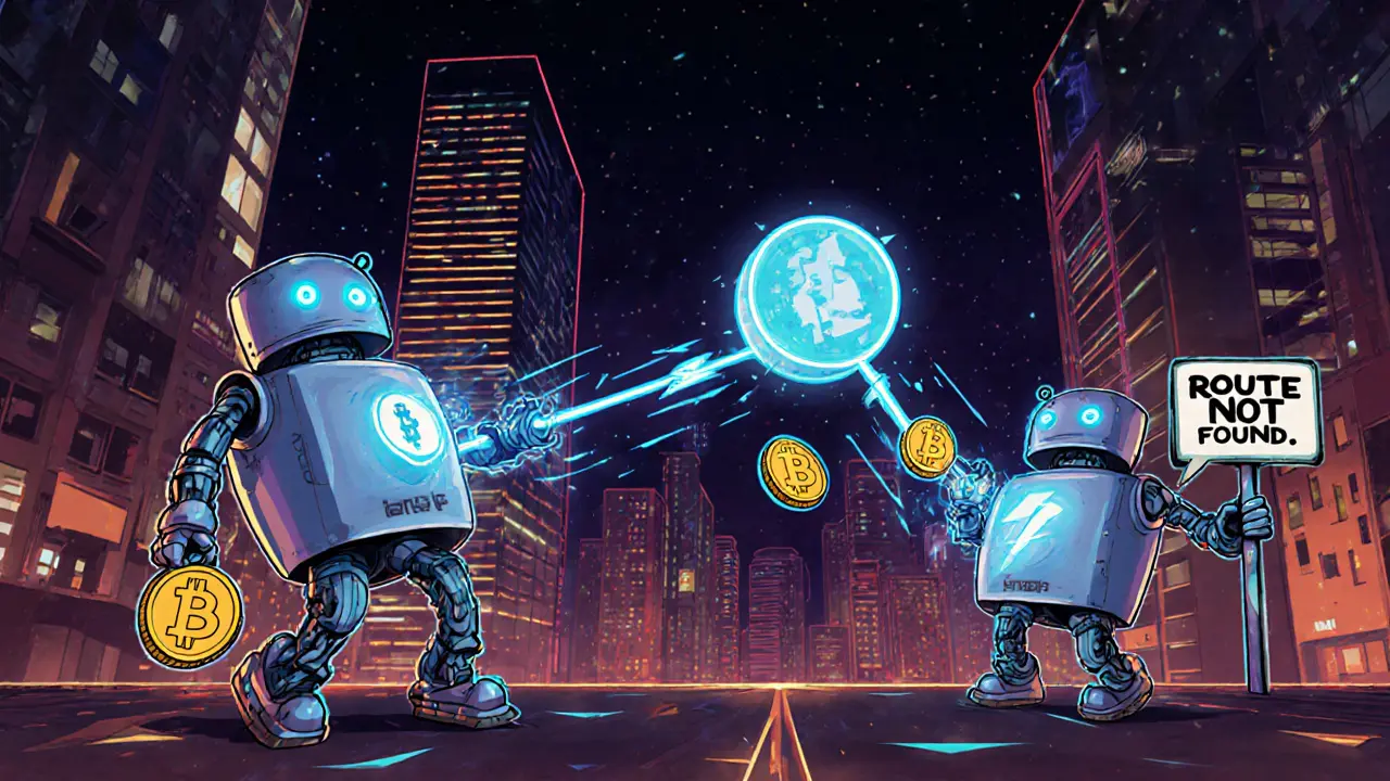 Friendly robot messengers routing tiny coins through digital pathways in a cyberpunk city, one failing with a 'route not found' sign.