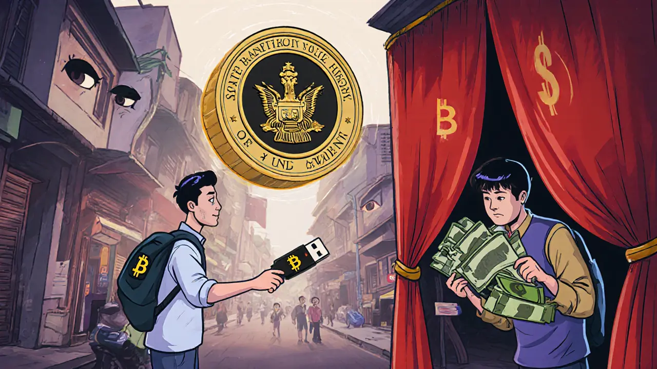 Hidden crypto-to-cash swap in Hanoi street, with government seal watching overhead.