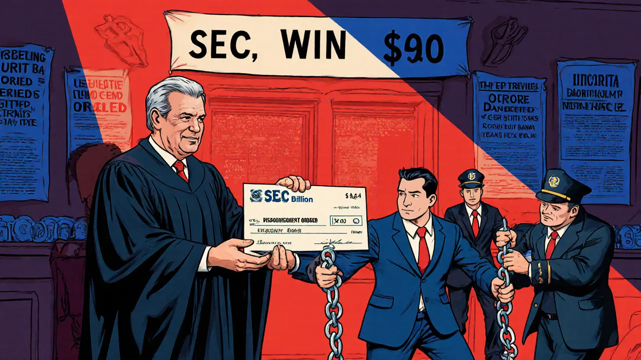 Judge hands .5 billion check to SEC chair as crypto CEO is dragged away in a courtroom scene.