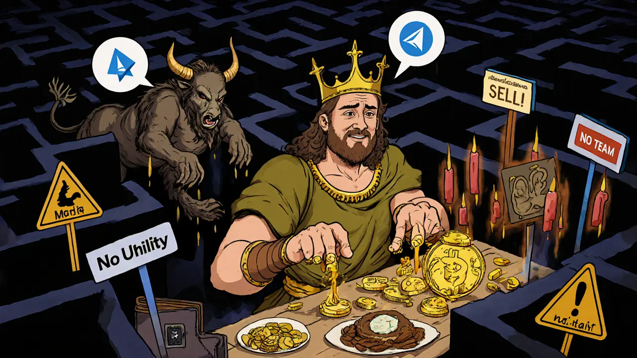 King Midas trapped in a labyrinth of crypto charts, turning everything to gold as price candles chase him.