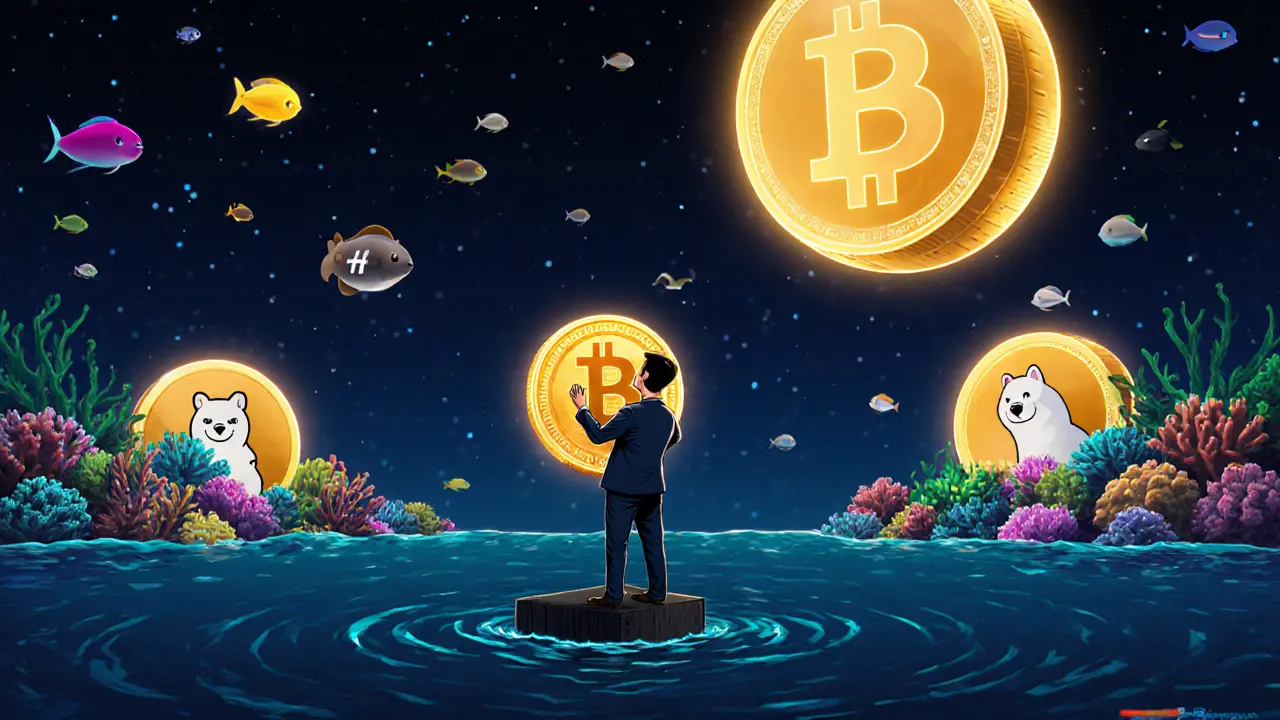 Lonely investor holds a single TRUMP INU token in a vast digital void while other cryptocurrencies thrive nearby.