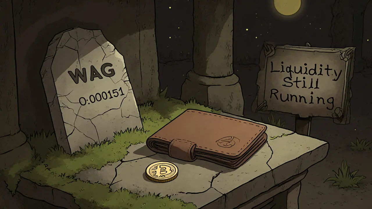 Lonely wallet on an altar with a faintly glowing WAG token under a moonlit sky.
