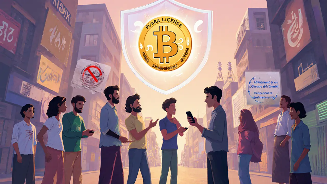 Pakistani users trading crypto via app under a floating PVARA shield, with halal staking token glowing.