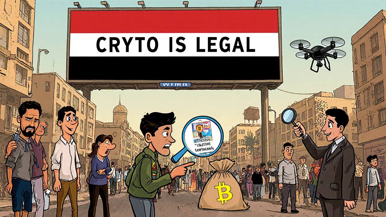 People secretly trading crypto in Cairo while authorities monitor them from above with drones.