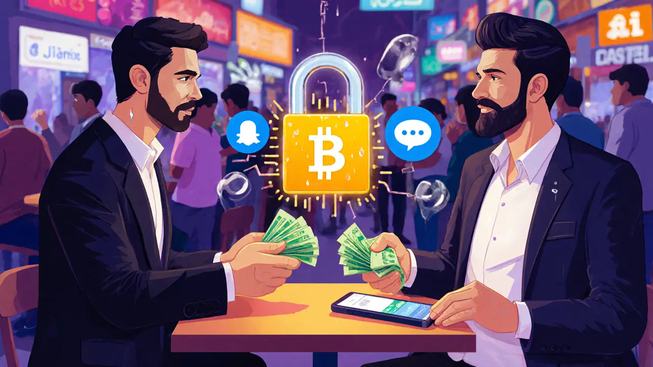 Person handing cash to another in a café while a digital escrow lock holds Bitcoin.
