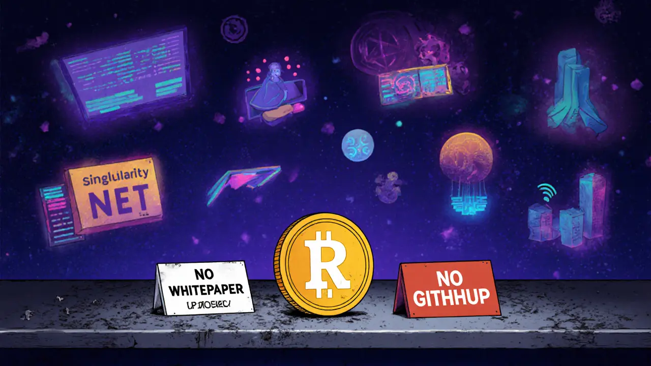 RADX token ignored on a shelf while other AI crypto projects thrive nearby.