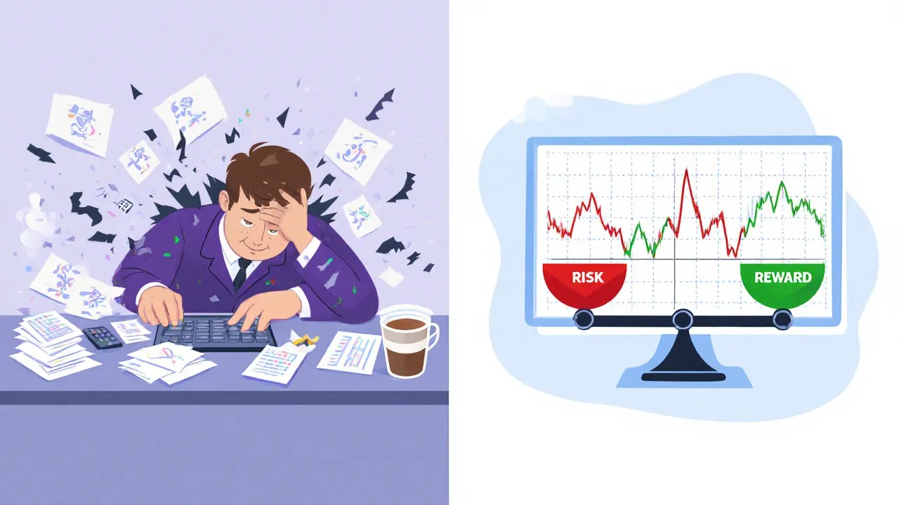 Split scene: stressed trader vs. calm trader with balanced take-profit and stop-loss orders.
