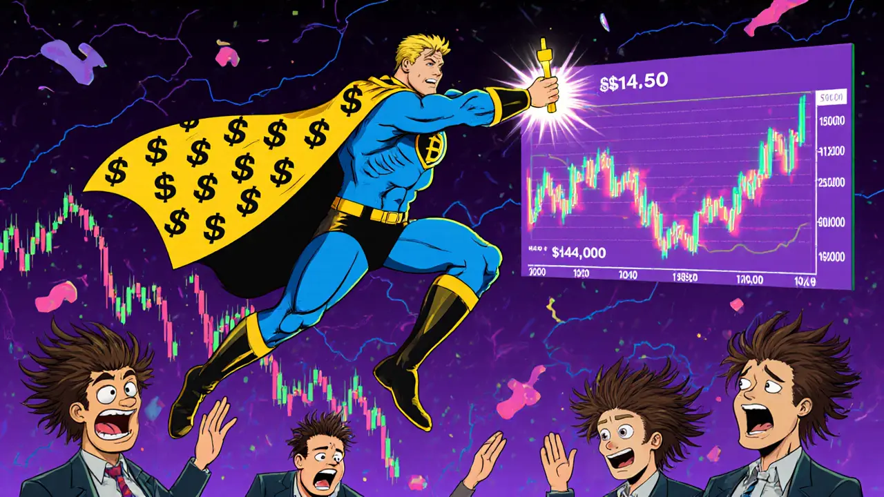 Superhero using a limit order wand to lock in crypto profits amid wild price swings.