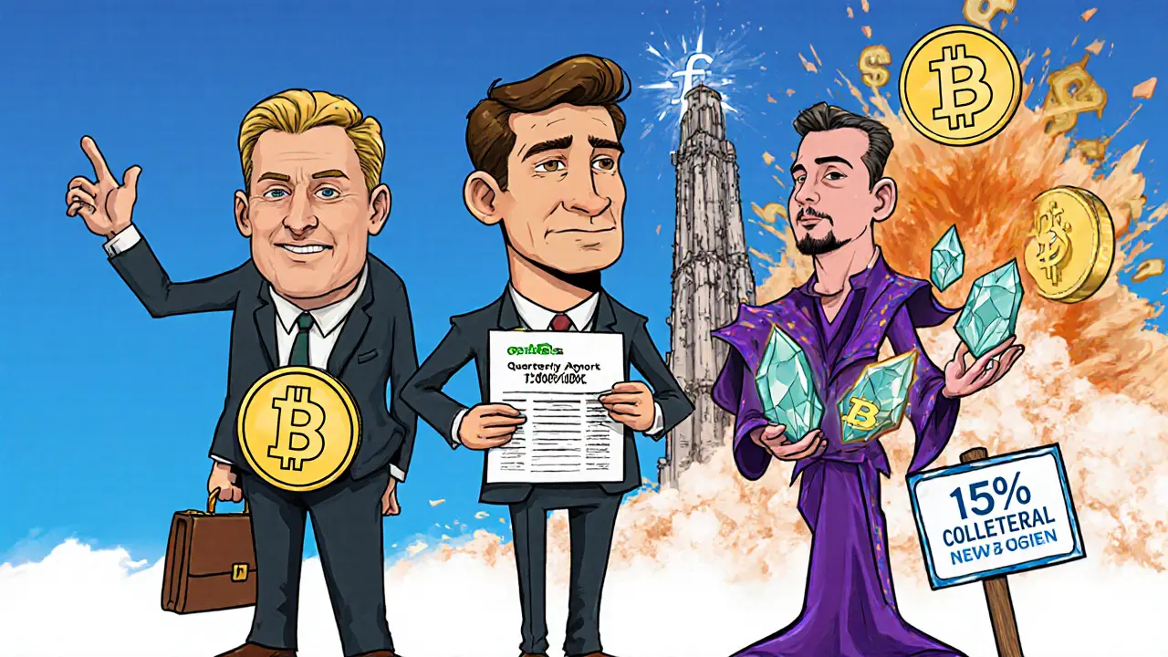 Three cartoon stablecoin types: USDT, USDC, and DAI, with UST collapsing behind them