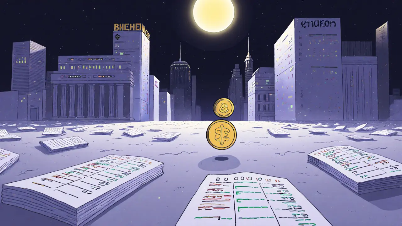 Tiny PLURA token alone on an empty trading floor with giant exchanges in the background.